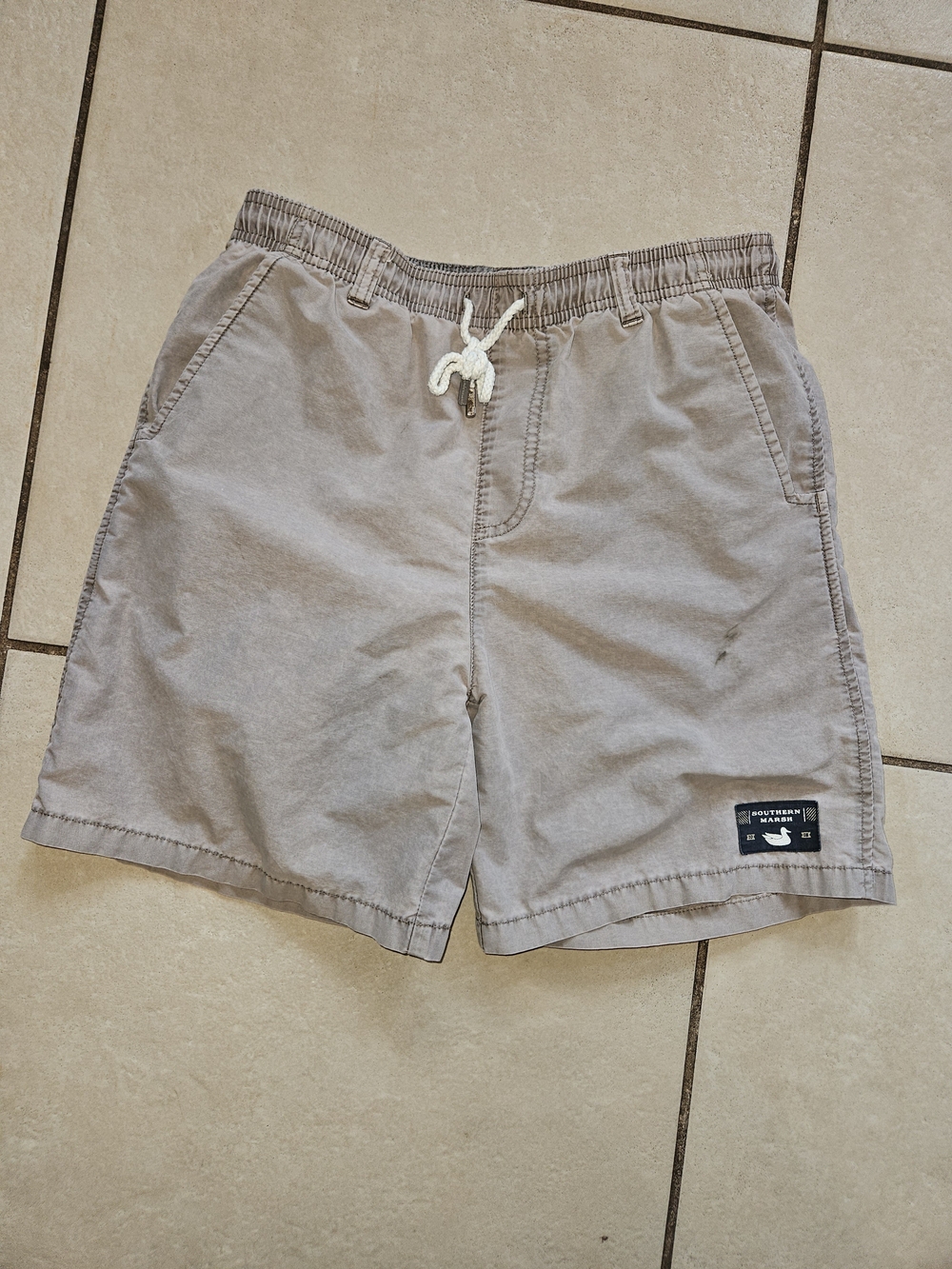 Southern Marsh Kids Taupe Swim Trunks with White Drawstring